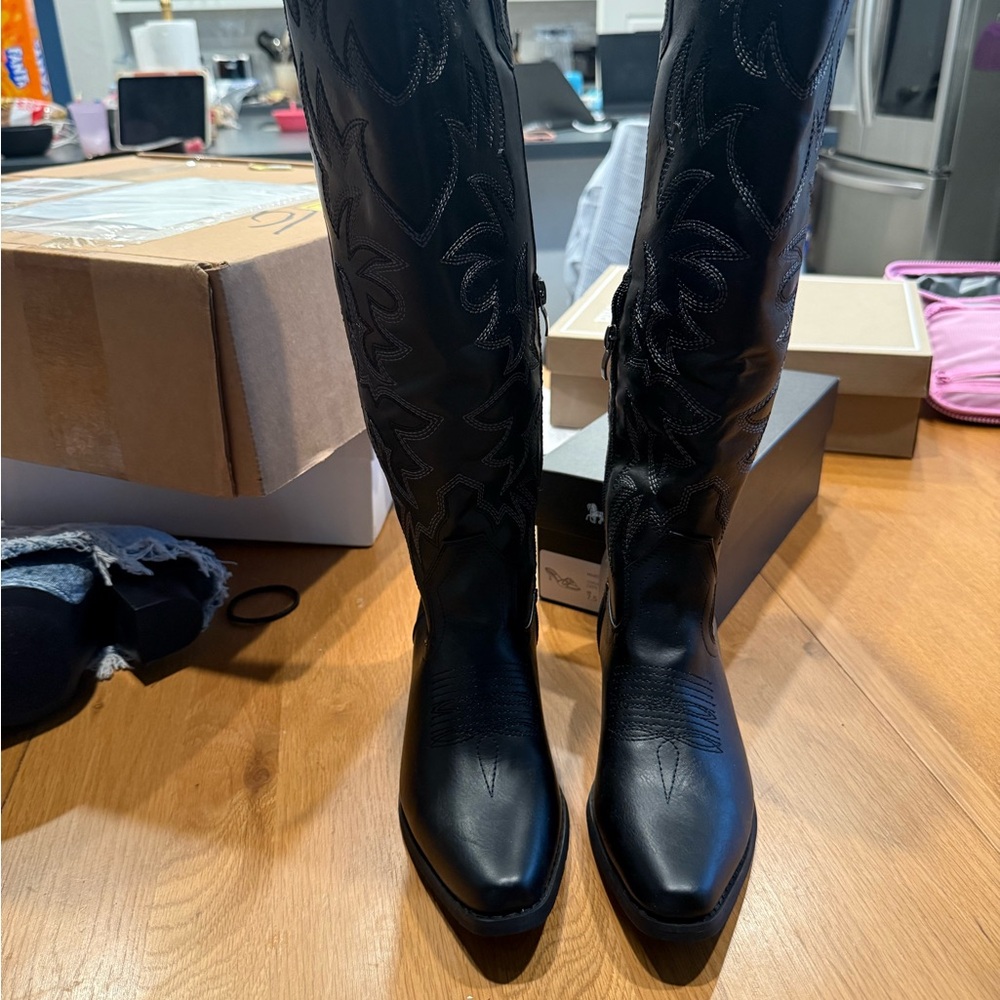 Black Embroidered Leather Over-the-Knee Boots